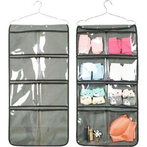 Hanging closet organizer dual sided with clear pockets for underwear socks bras